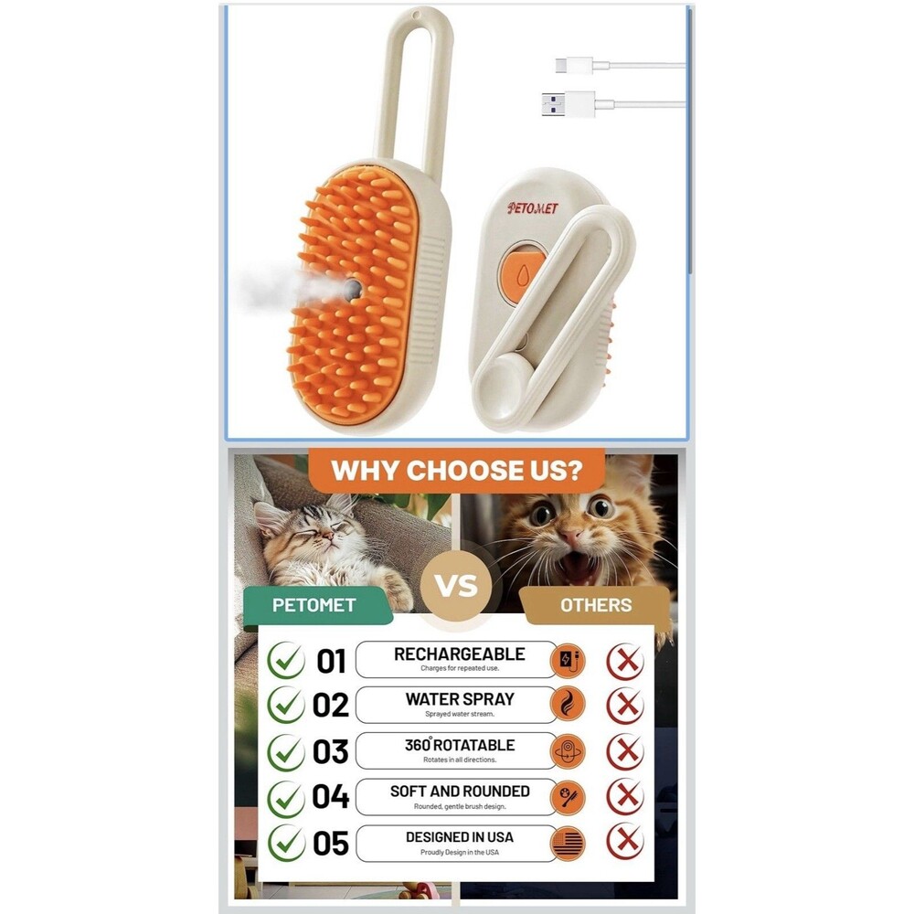 Electric Spray Handle Massage Brush Pet Grooming Rechargeable Cream White